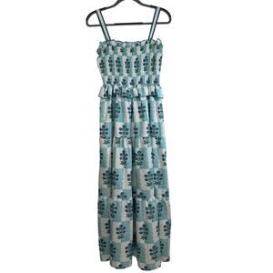 NWT L Mallory Smocked Maxi Dress Blue & Green White Boutique All Points Chatham